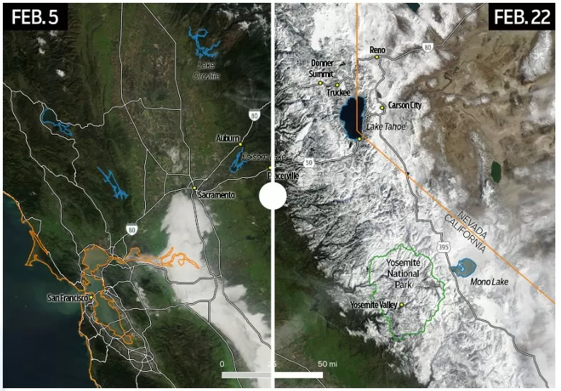Before-and-after: See how huge snow storms transformed the Sierra Nevada in just a few days