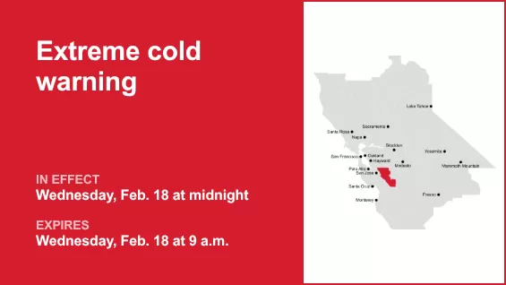 Extreme cold warning issued for Eastern Santa Clara Hills for Wednesday — temperatures could sink to 24